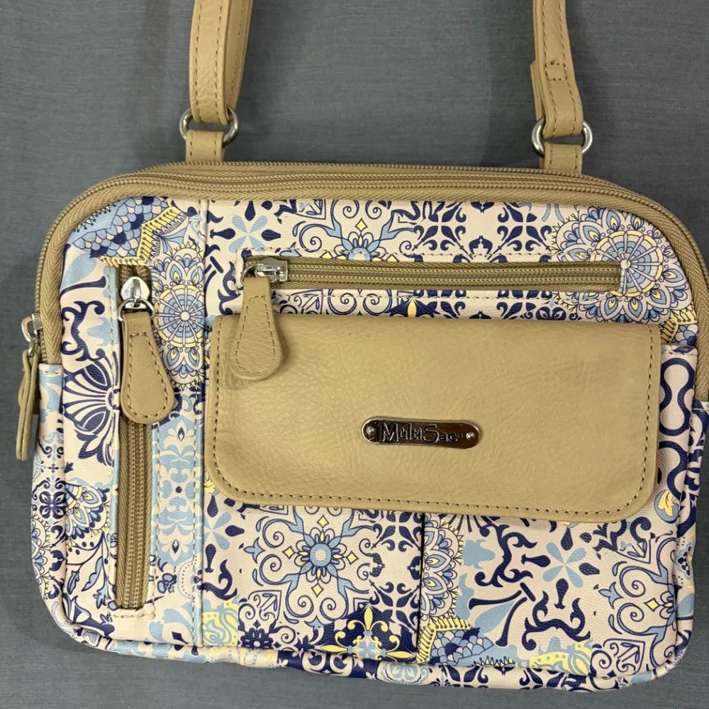 MultiSac Crossbody Purse Bag Beige & Blue Floral Casablanca Zip Pockets